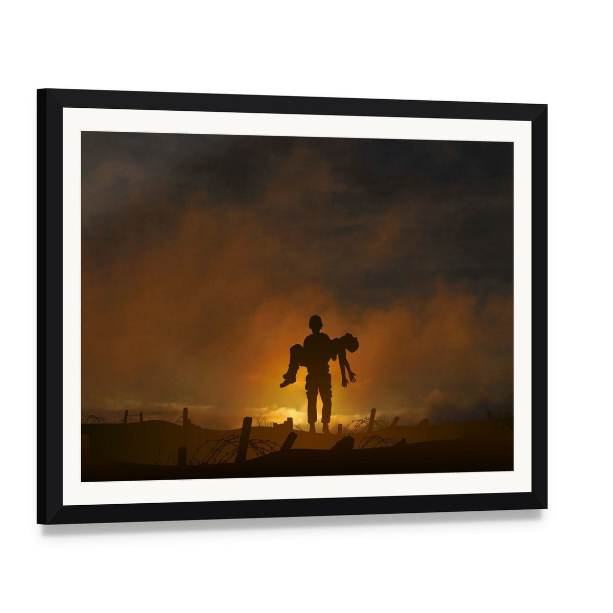 Soldier Carrying a Wounded Comrade Canvas Wall Art, framed print with white mat and black frame, angled product view