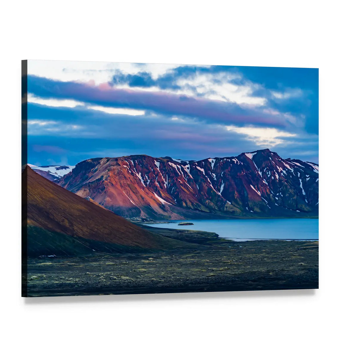 Snow-patched Mountain Over Calm Lake Canvas Wall Art, single panel gallery wrapped canvas, angled product view