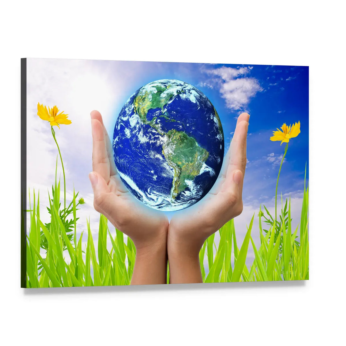 Hands Cradling the Earth Canvas Wall Art, single panel gallery wrapped canvas, angled product view