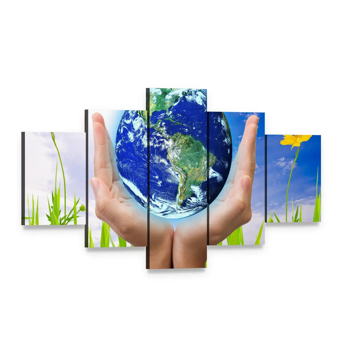 Hands Cradling the Earth Canvas Wall Art, 5 panel 5 Star layout gallery wrapped canvas set, angled product view