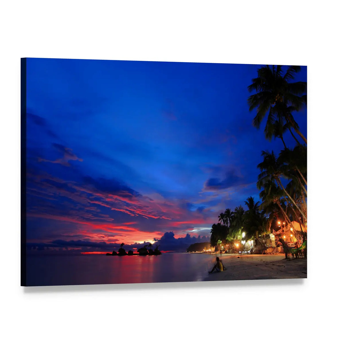 Tropical Beach Sunset with Palm Trees Canvas Wall Art, single panel gallery wrapped canvas, angled product view