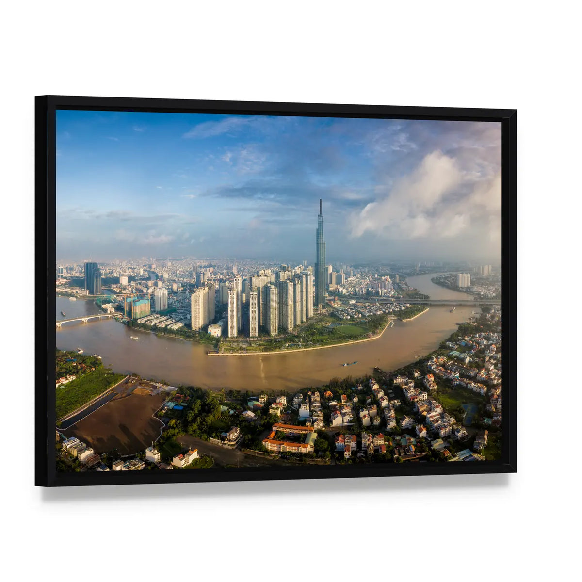 Ho Chi Minh City River Skyline Canvas Wall Art, framed canvas in a black floater frame, angled product view