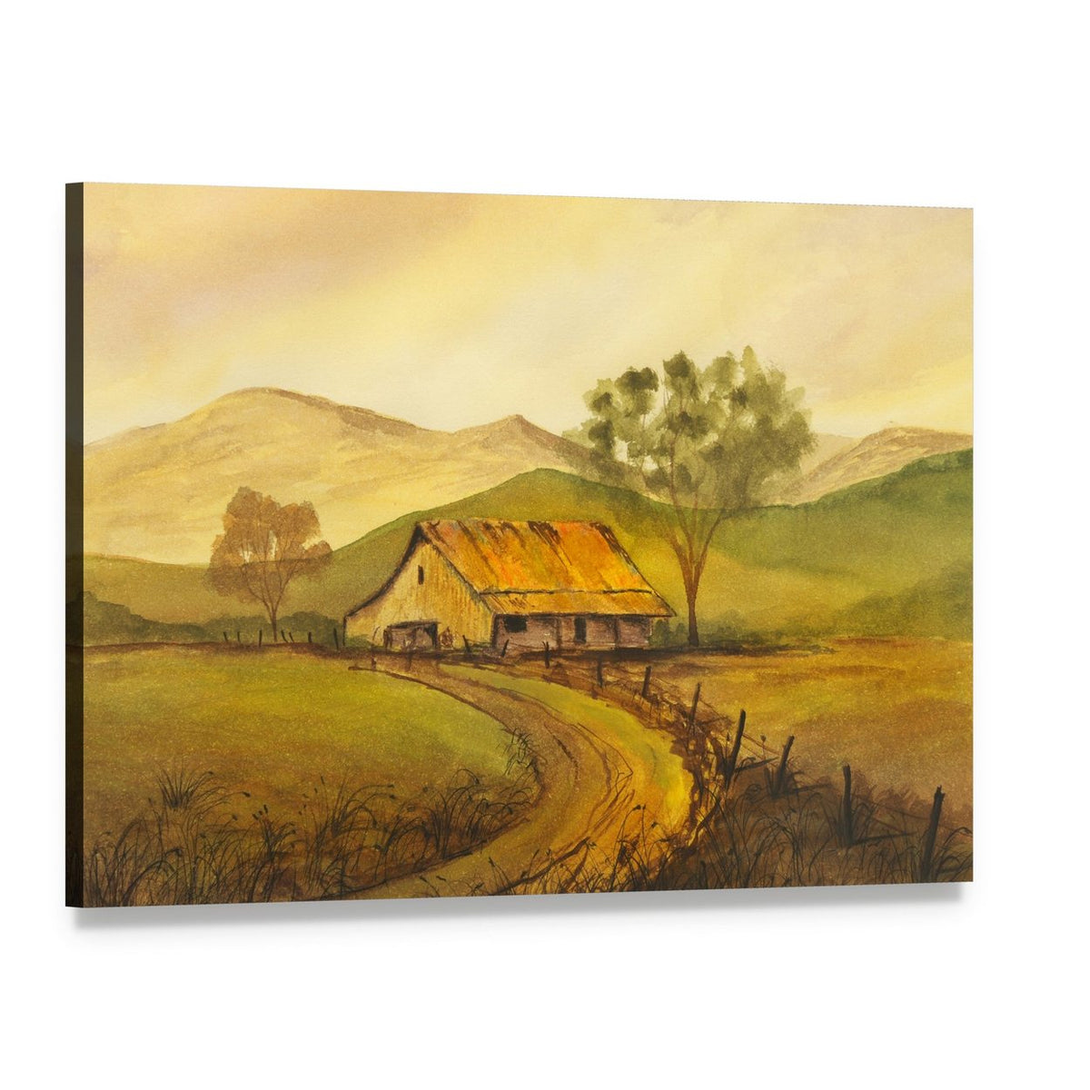 Watercolor Pathway to Village Canvas Wall Art, single panel gallery wrapped canvas, angled product view