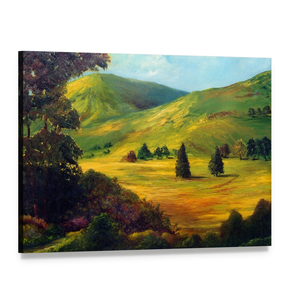 Sunlit Farm Fields Oil Painting Canvas Wall Art, single panel gallery wrapped canvas, angled product view