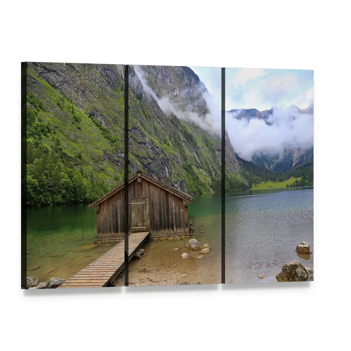 House at Obersee Lake Canvas Wall Art, 3 panel 3 Horizontal layout gallery wrapped canvas set, angled product view