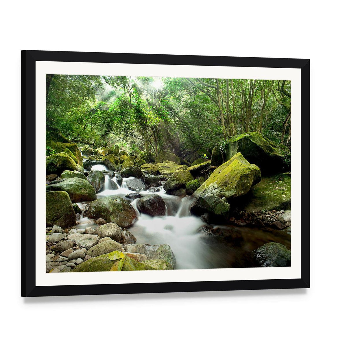 Beautiful Mountain River Canvas Wall Art, framed print with white mat and black frame, angled product view