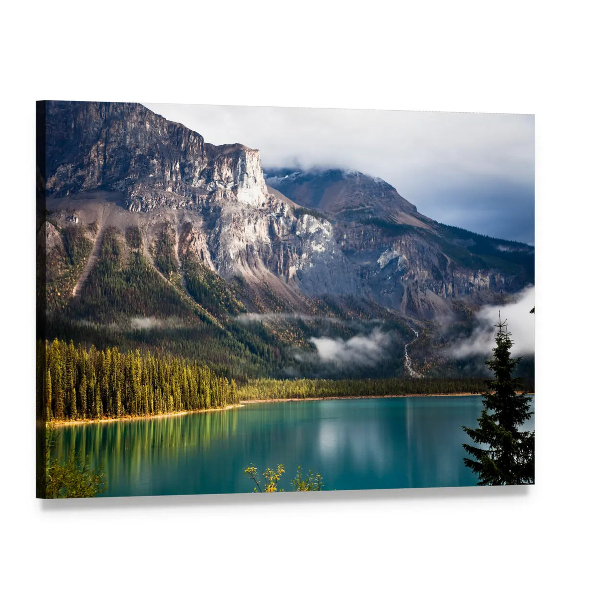 Emerald Lake with Mountain Peaks Canvas Wall Art, single panel gallery wrapped canvas, angled product view
