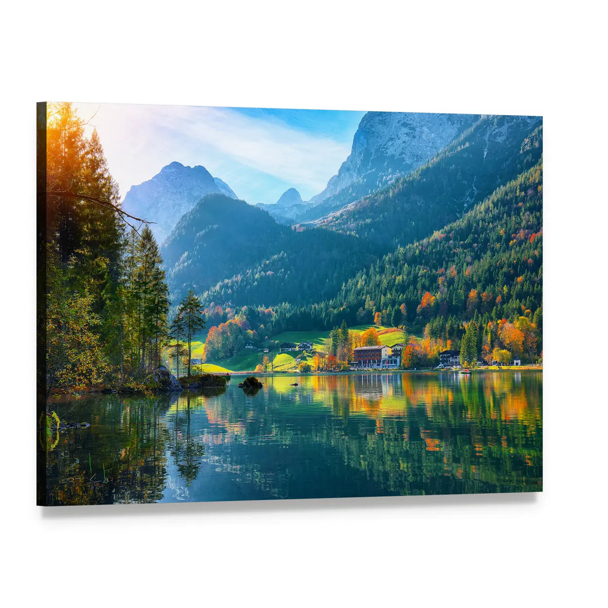 Autumn Sunset at Hintersee Lake Canvas Wall Art, single panel gallery wrapped canvas, angled product view