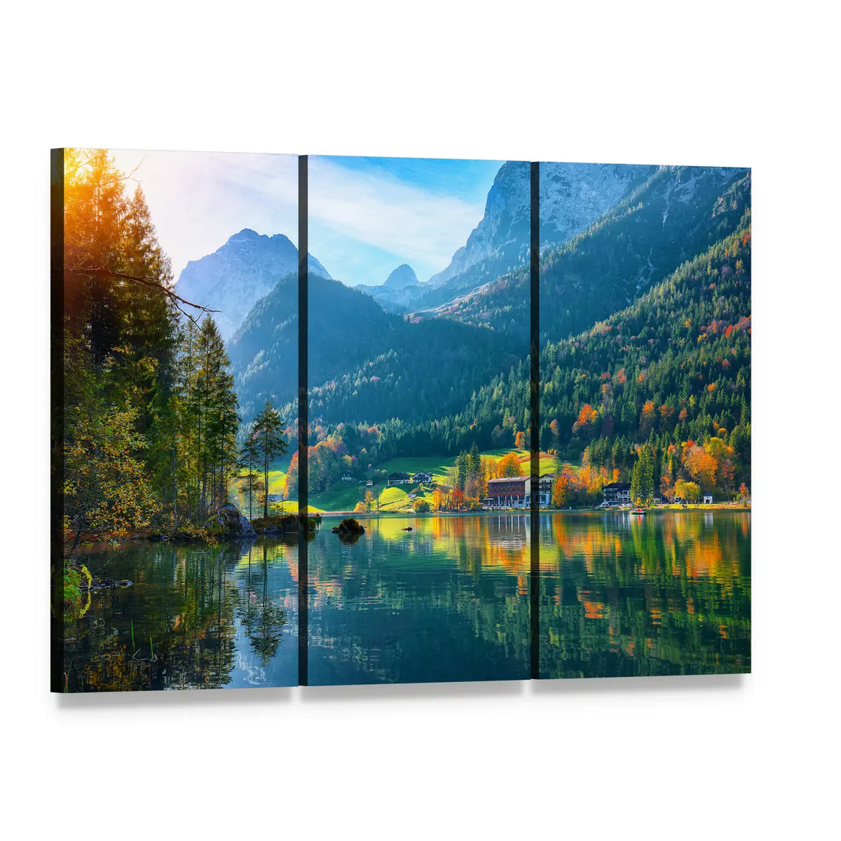 Autumn Sunset at Hintersee Lake Canvas Wall Art, 3 panel 3 Horizontal layout gallery wrapped canvas set, angled product view