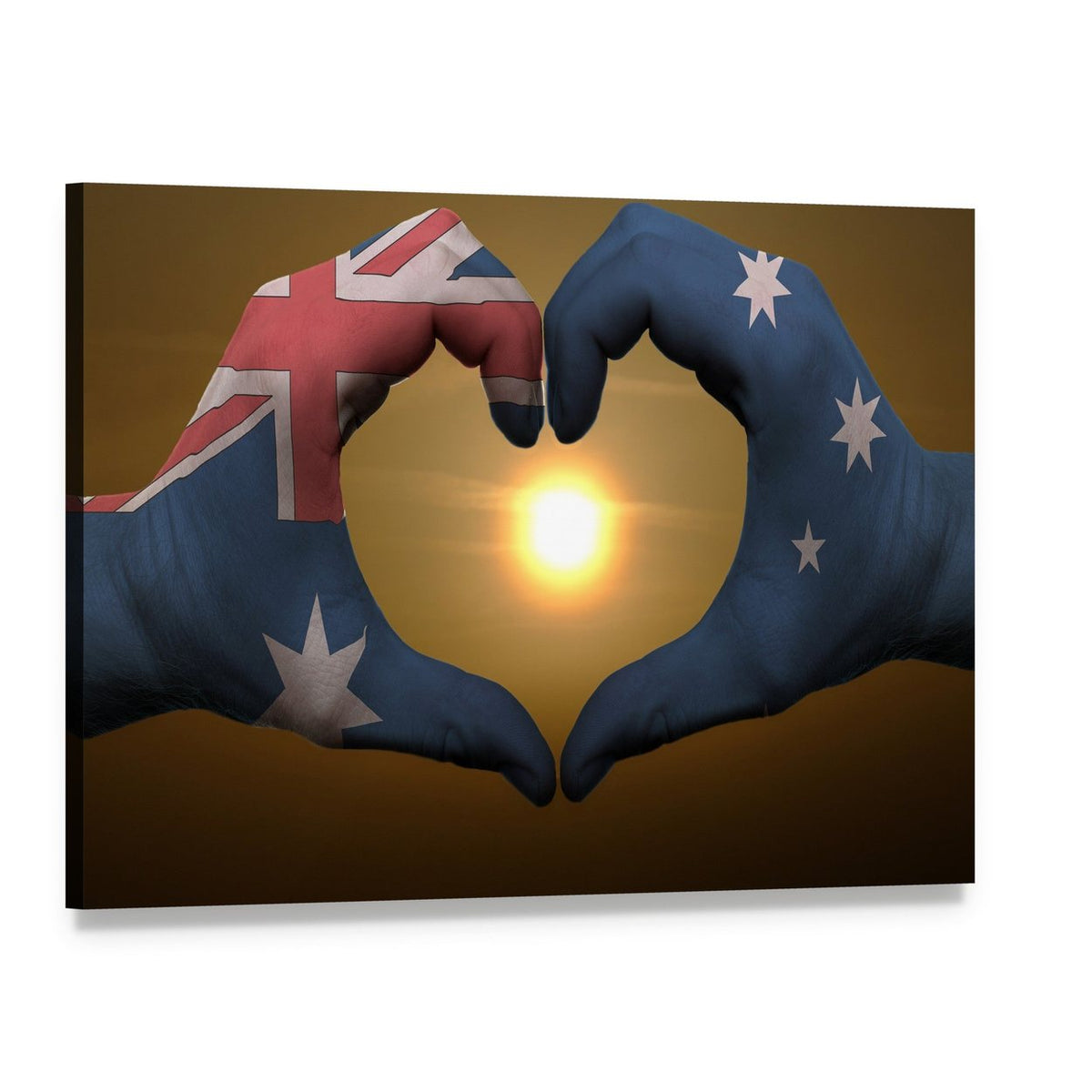 Australian Flag Painted on Hands Canvas Wall Art, single panel gallery wrapped canvas, angled product view