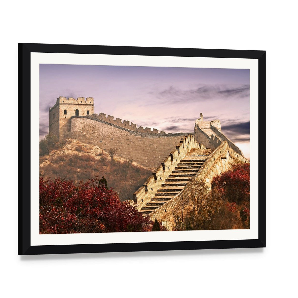 Great Wall of China in the Clouds Canvas Wall Art, framed print with white mat and black frame, angled product view
