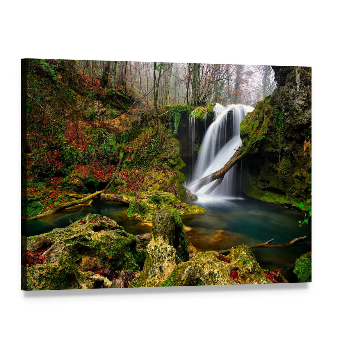 Waterfall In The Forest Canvas Wall Art, single panel gallery wrapped canvas, angled product view