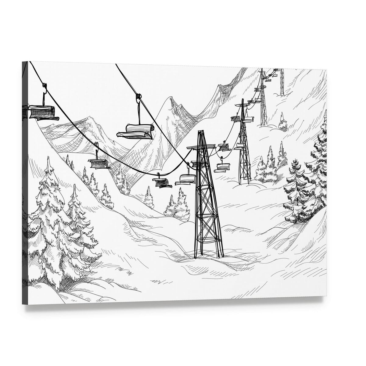 Winter Ski Lift Sketch Canvas Wall Art, single panel gallery wrapped canvas, angled product view