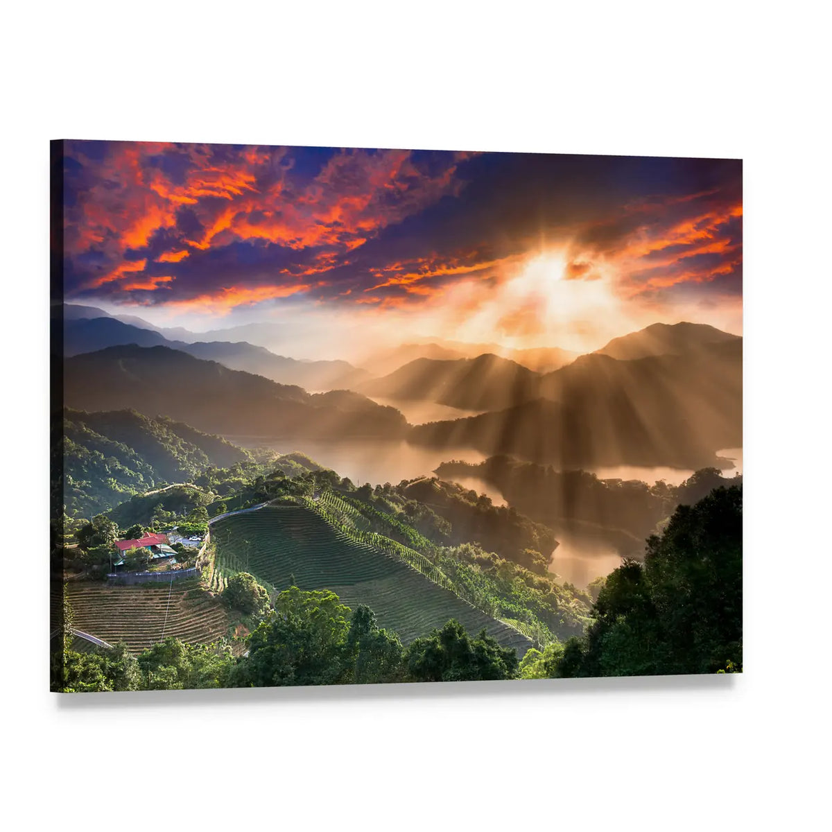 Sunbeams Over Misty Mountain Village Canvas Wall Art, single panel gallery wrapped canvas, angled product view