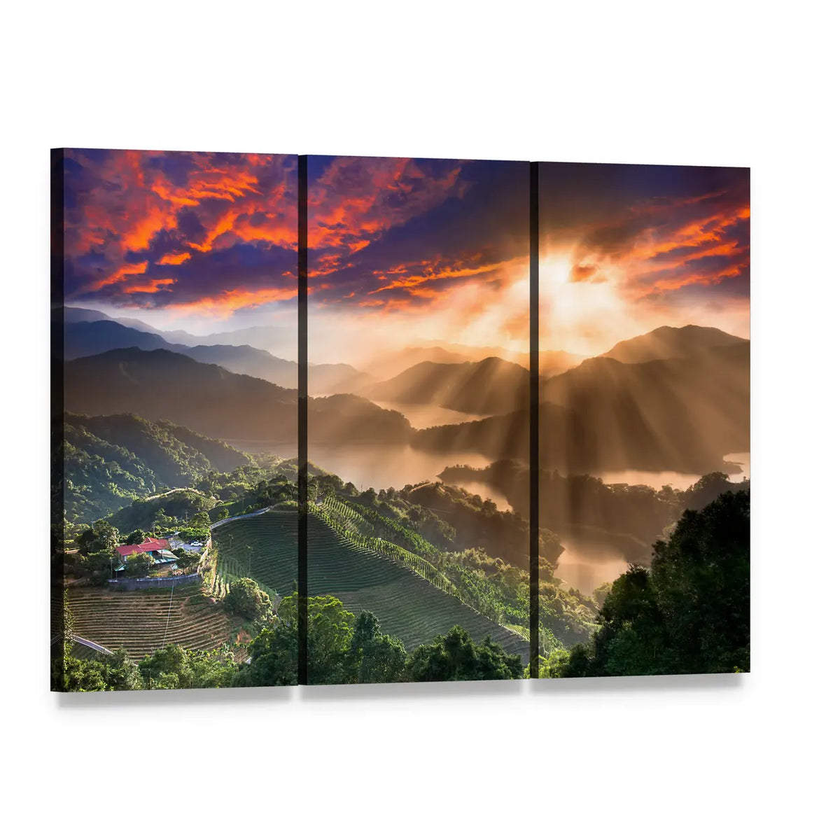 Sunbeams Over Misty Mountain Village Canvas Wall Art, 3 panel 3 Horizontal layout gallery wrapped canvas set, angled product view