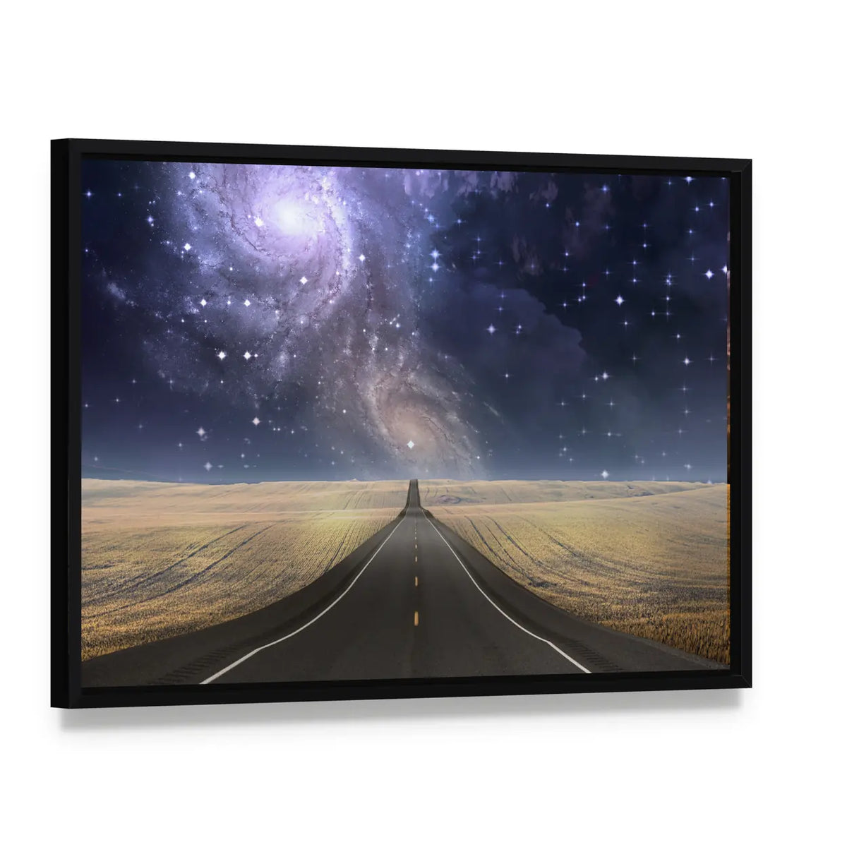 Road to Galaxy Canvas Wall Art, framed canvas in a black floater frame, angled product view