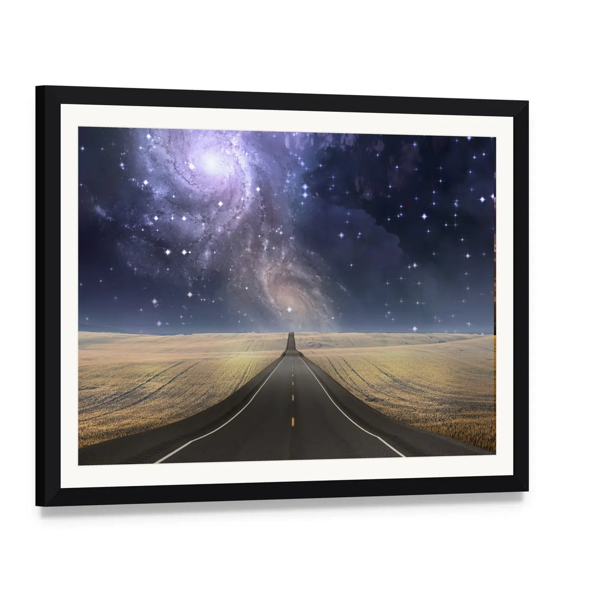 Road to Galaxy Canvas Wall Art, framed print with white mat and black frame, angled product view
