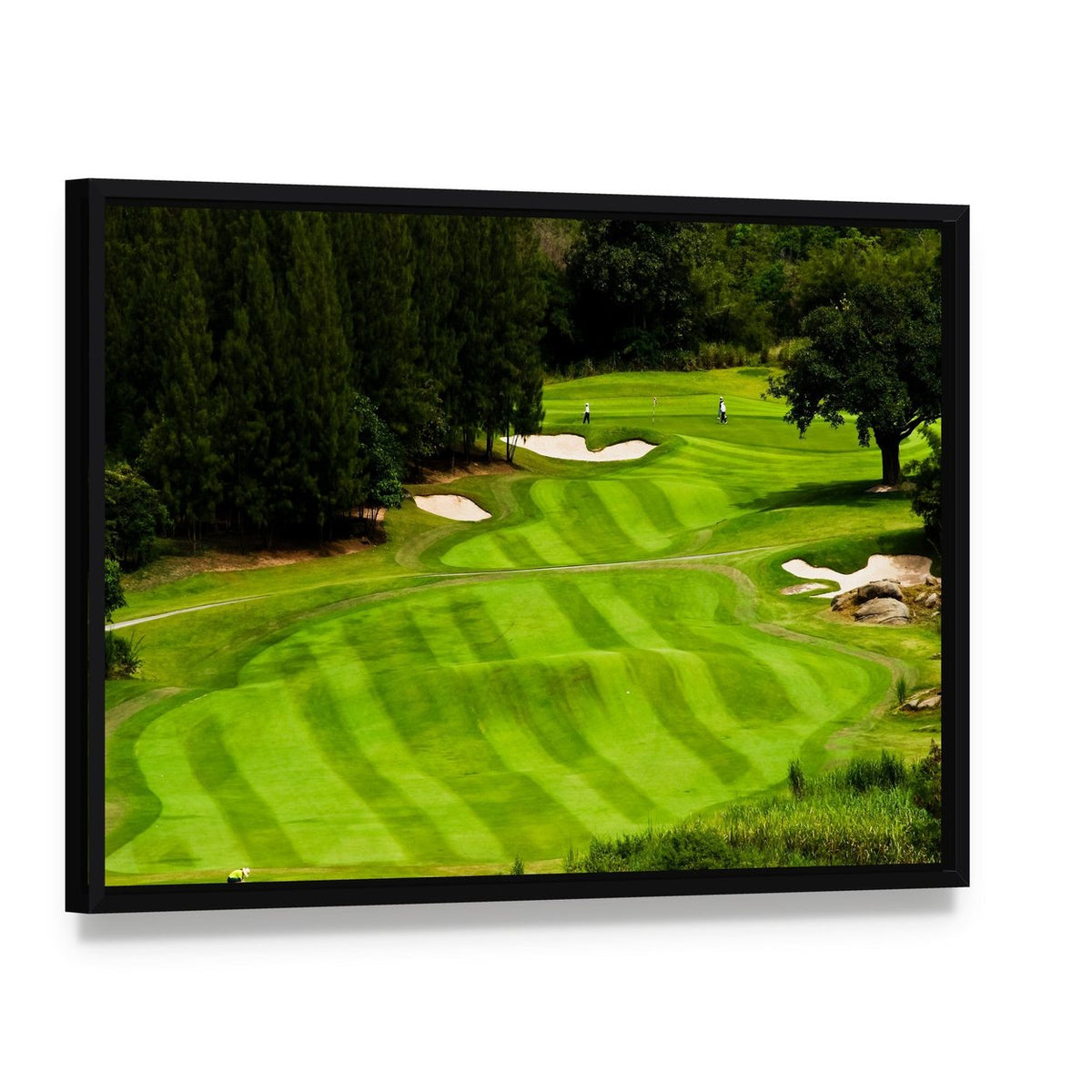 Golf Course Landscape Canvas Wall Art, framed canvas in a black floater frame, angled product view
