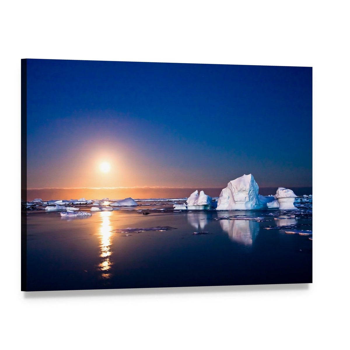 Summer Night in Antarctica Icebergs Floating in the Moonlight Canvas Wall Art, single panel gallery wrapped canvas, angled product view