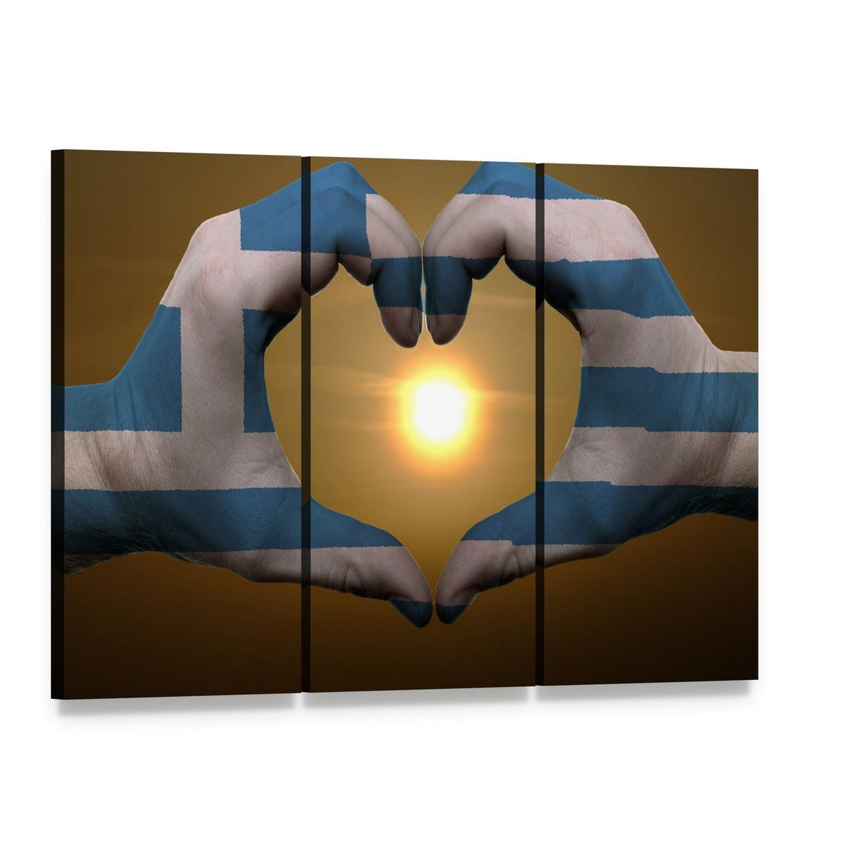 Hands Forming Heart with Greek Flag Canvas Wall Art, 3 panel 3 Horizontal layout gallery wrapped canvas set, angled product view