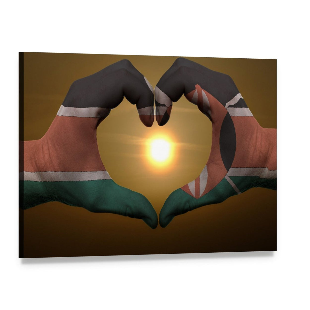 Hands Forming Heart Painted with Kenya Flag Canvas Wall Art, single panel gallery wrapped canvas, angled product view