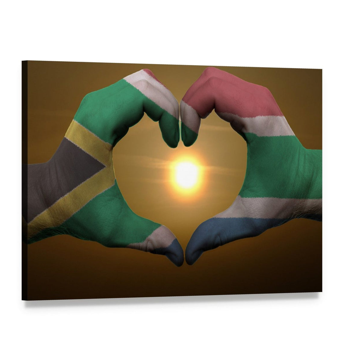 Hands Forming Heart with South Africa Flag Canvas Wall Art, single panel gallery wrapped canvas, angled product view