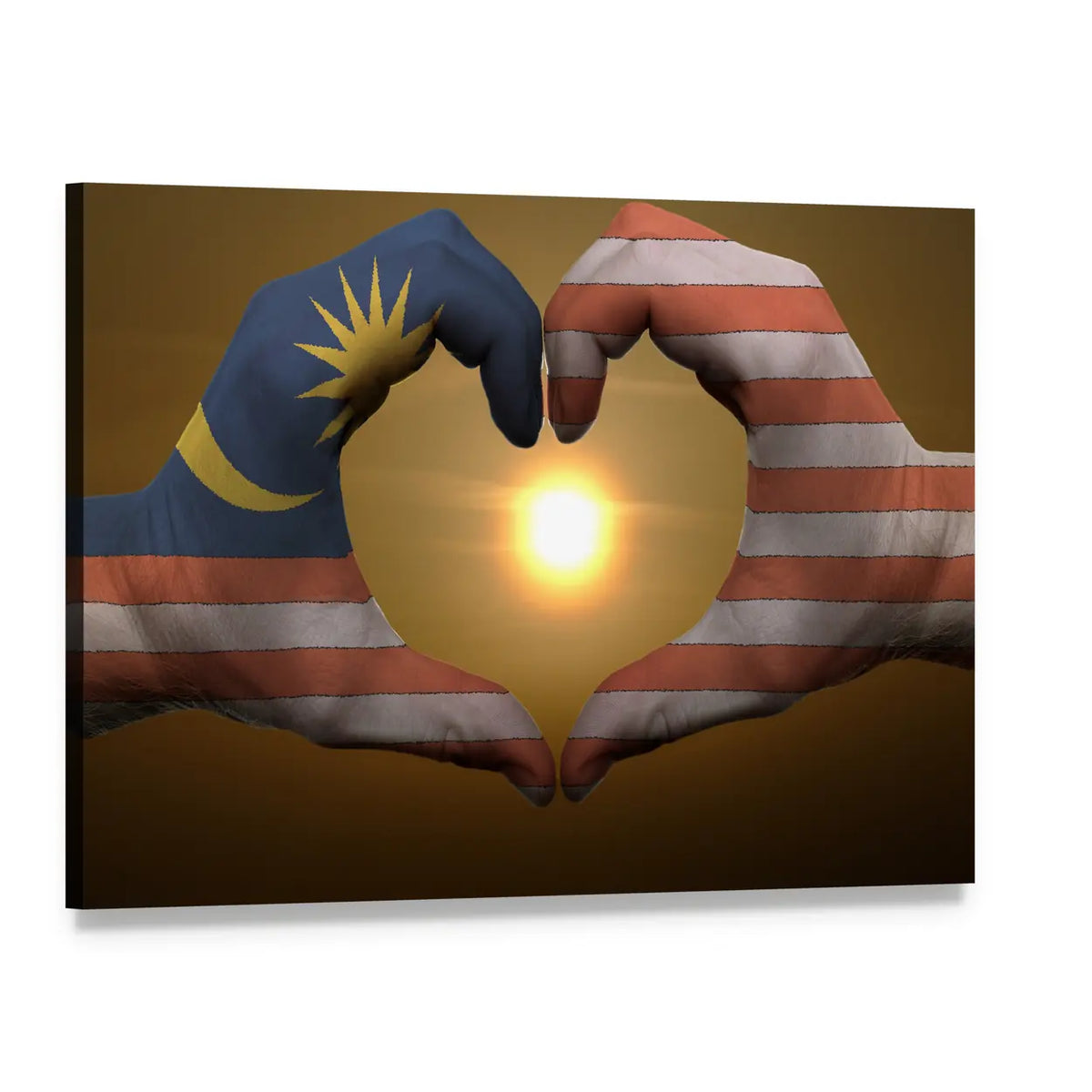 Malaysia Flag on Hands Canvas Wall Art, single panel gallery wrapped canvas, angled product view