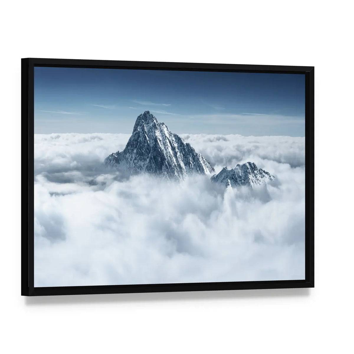Alpine Mountain in the Clouds Canvas Wall Art, framed canvas in a black floater frame, angled product view