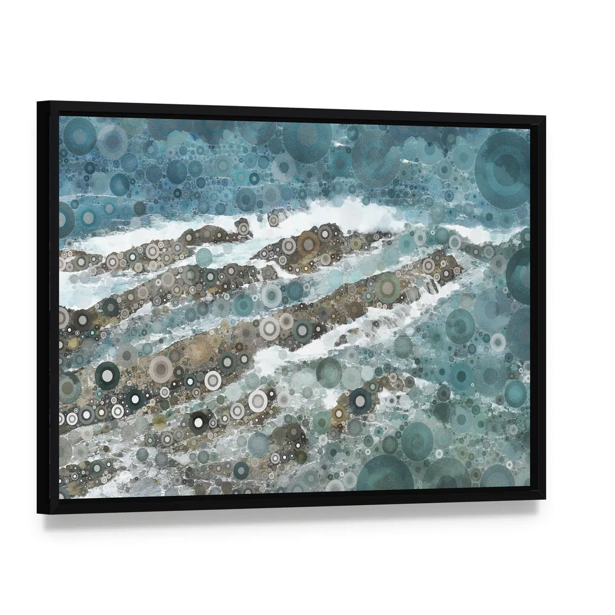 Mosaic Ocean Wave Texture Canvas Wall Art, framed canvas in a black floater frame, angled product view