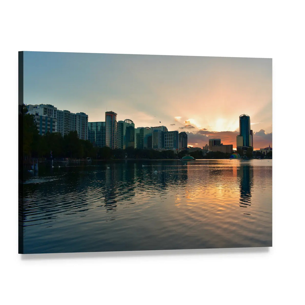 Lake Eola Park Shoreline Sunset Canvas Wall Art, single panel gallery wrapped canvas, angled product view