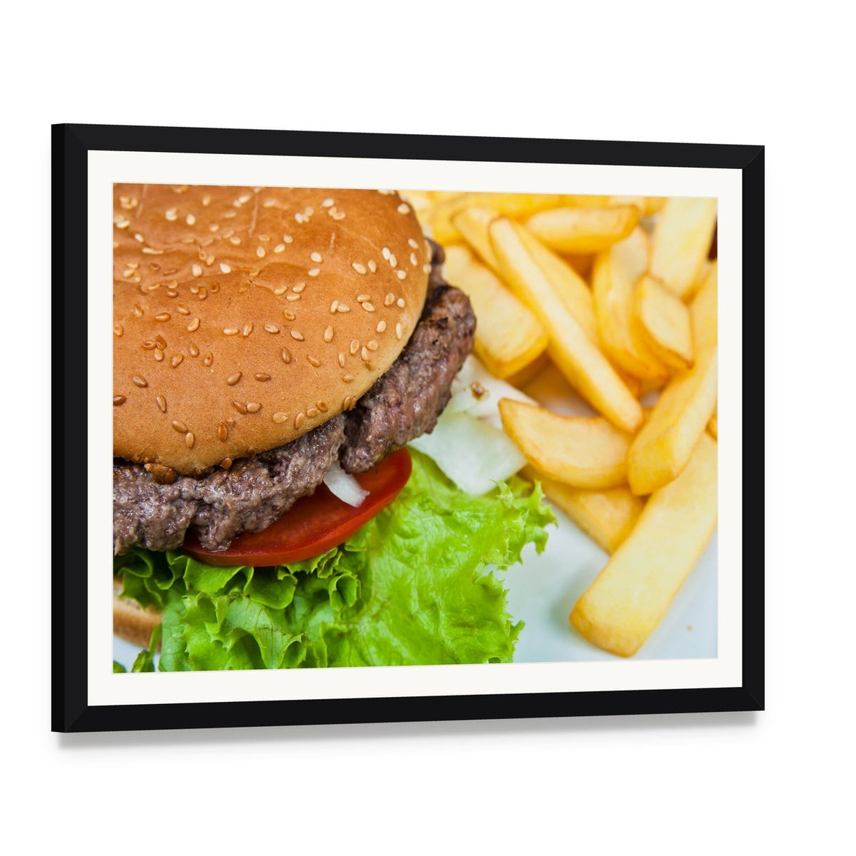 American Cheeseburger with Fries Canvas Wall Art, framed print with white mat and black frame, angled product view