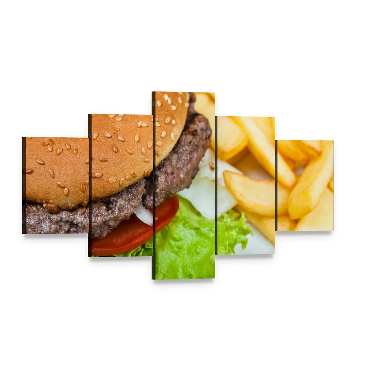 American Cheeseburger with Fries Canvas Wall Art, 5 panel 5 Star layout gallery wrapped canvas set, angled product view