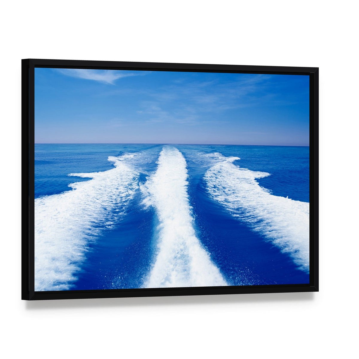 Boat Wake Prop Wash Canvas Wall Art, framed canvas in a black floater frame, angled product view
