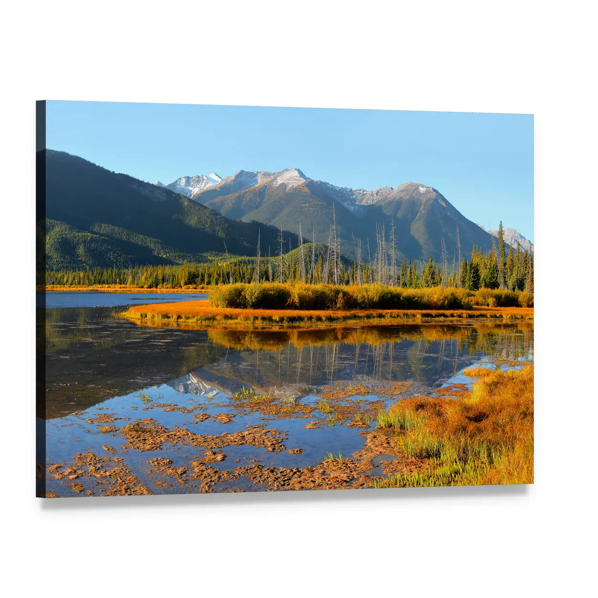 Vermilion Lakes Mountain Reflections Canvas Wall Art, single panel gallery wrapped canvas, angled product view