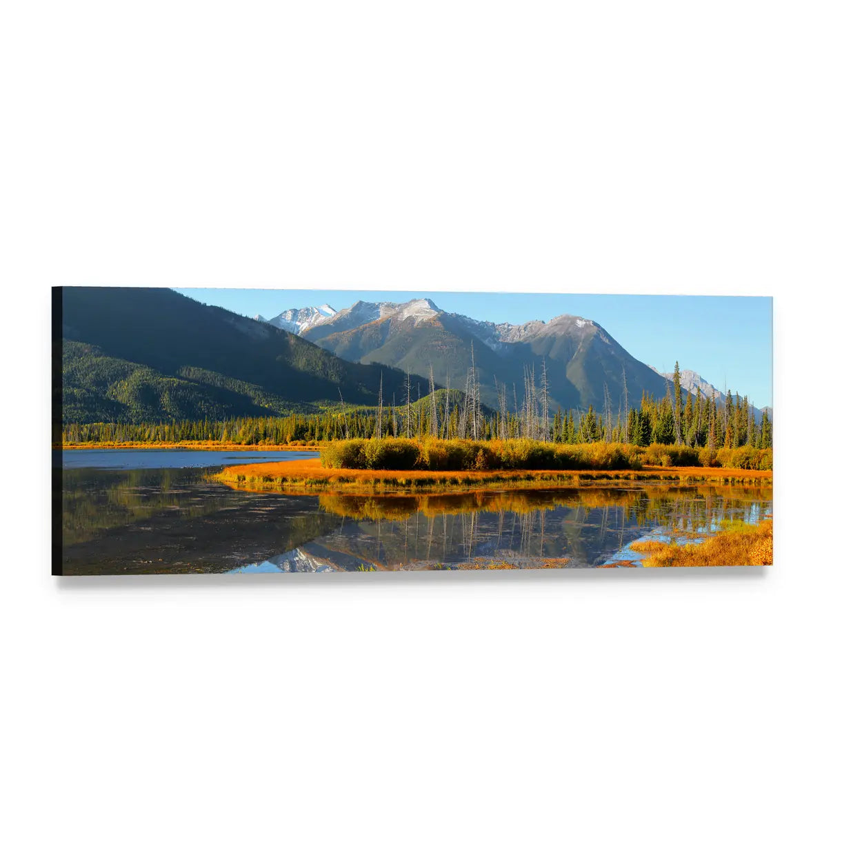 Vermilion Lakes Landscape Panoramic Canvas Wall Art, single panel gallery wrapped canvas, angled product view