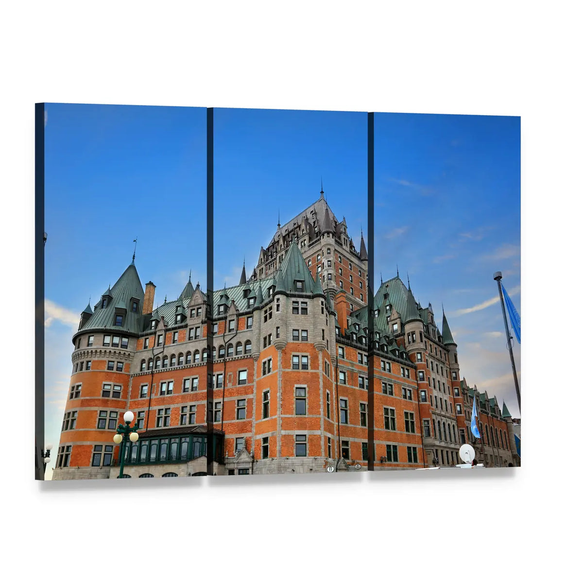 Fairmont Le Chateau Frontenac Canvas Wall Art, 3 panel 3 Horizontal layout gallery wrapped canvas set, angled product view