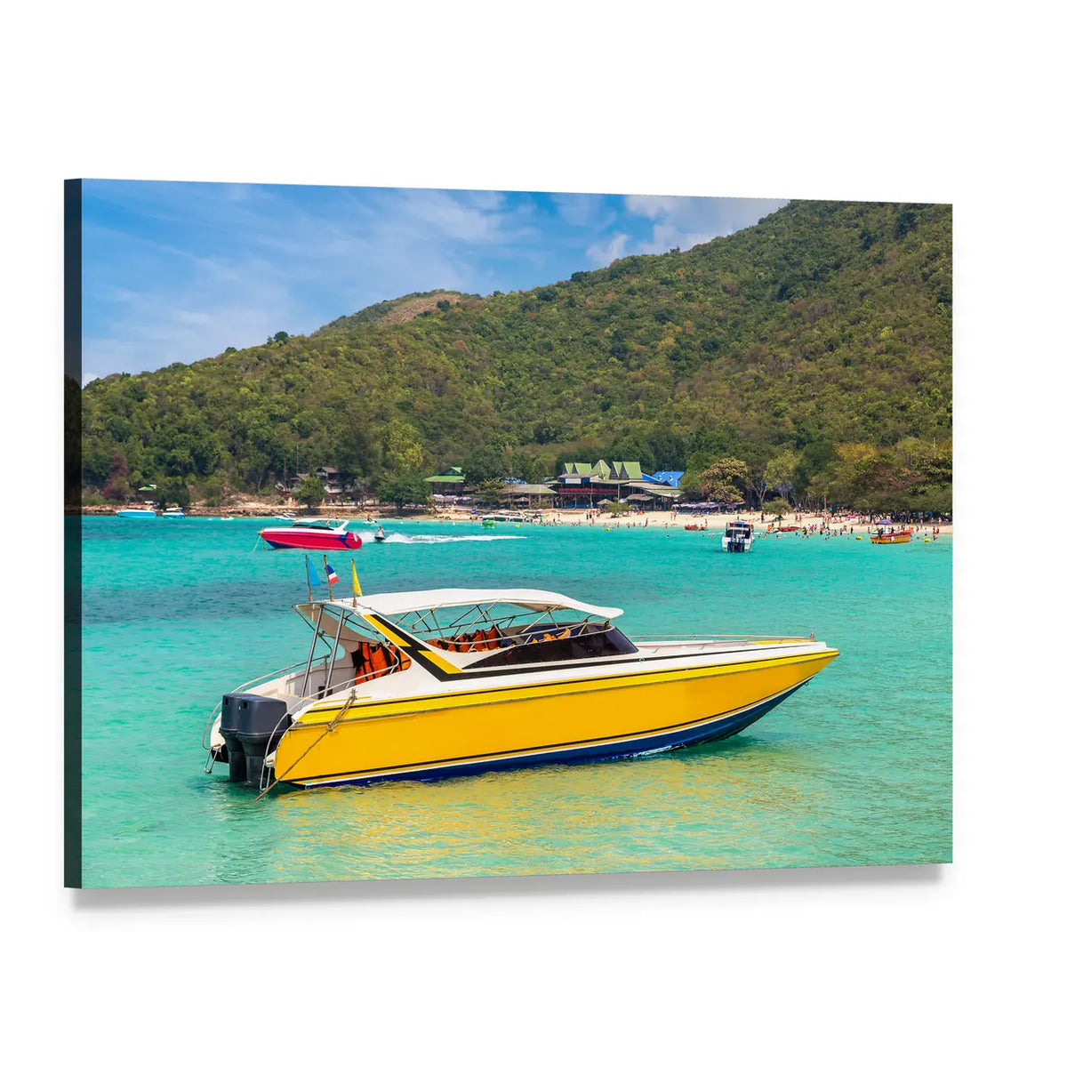Yellow Speedboat in Turquoise Bay Canvas Wall Art, single panel gallery wrapped canvas, angled product view