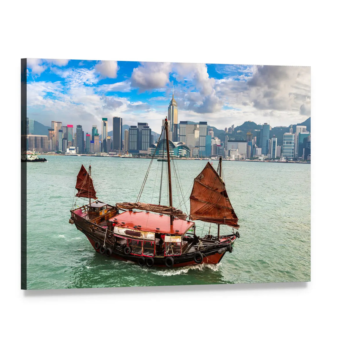 Red-sailed Junk Boat in Victoria Harbour Canvas Wall Art, single panel gallery wrapped canvas, angled product view