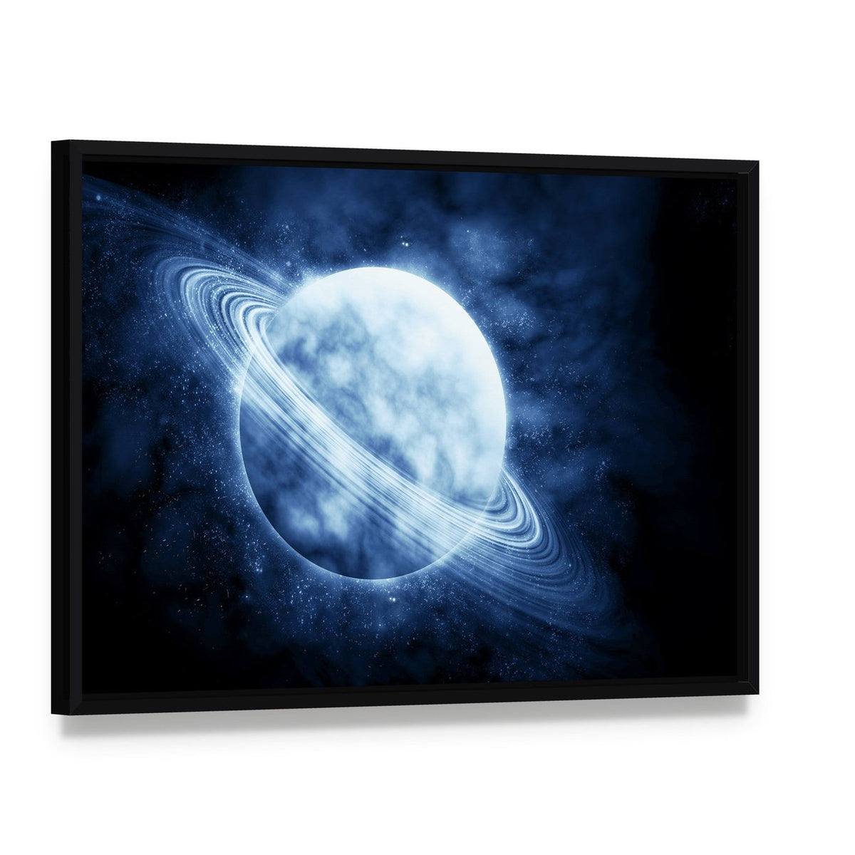 Blue Planet in Space Canvas Wall Art, framed canvas in a black floater frame, angled product view