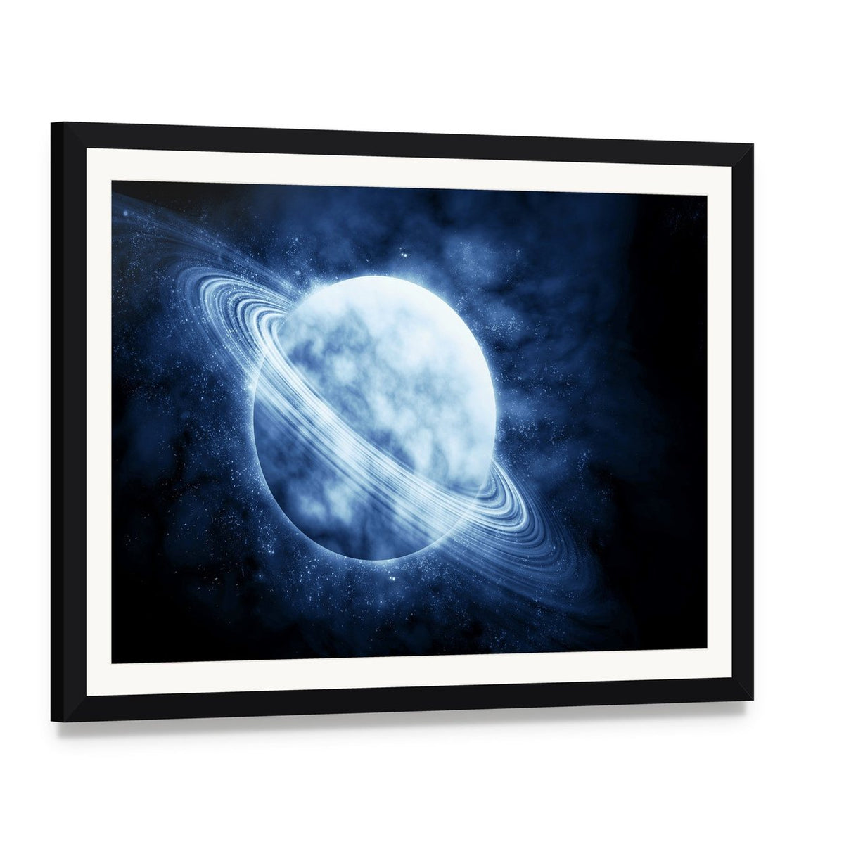 Blue Planet in Space Canvas Wall Art, framed print with white mat and black frame, angled product view
