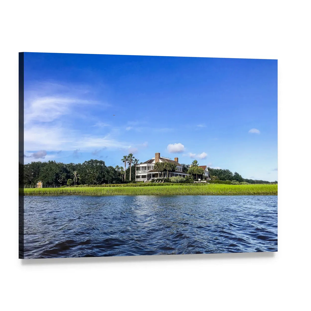 Summer Waterfront Mansion by the Sea Canvas Wall Art, single panel gallery wrapped canvas, angled product view