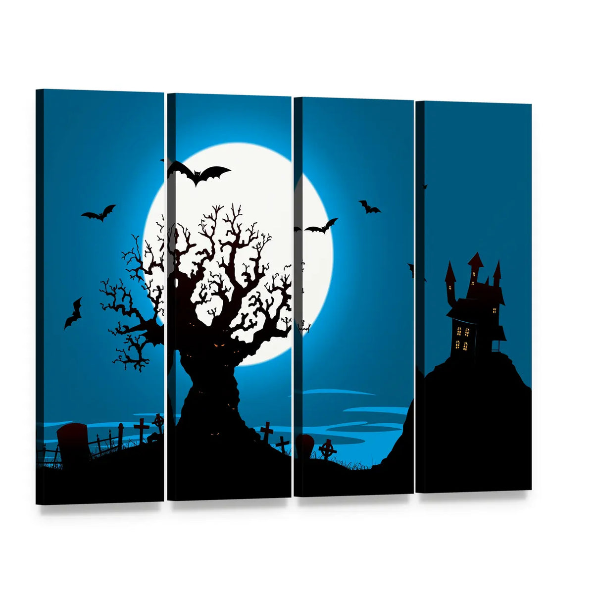 Moonlit Gnarled Tree with Haunted Castle Canvas Wall Art, 4 panel 4 Horizontal layout gallery wrapped canvas set, angled product view