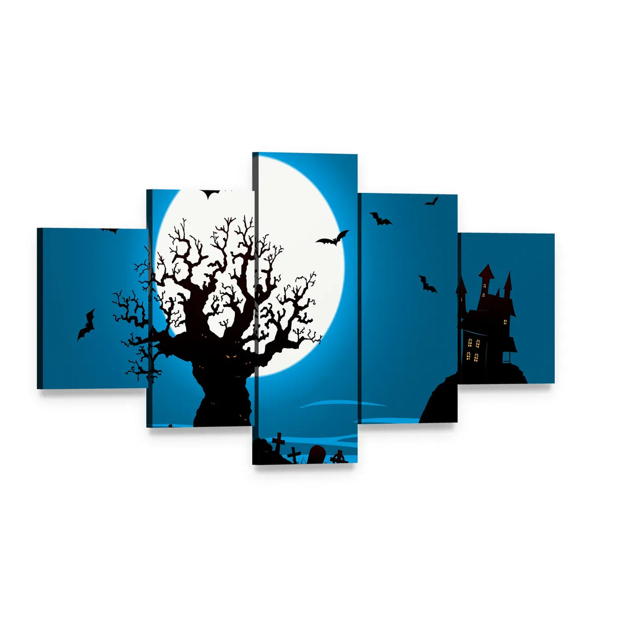 Haunted House Silhouette Under Full Moon Canvas Wall Art, 5 panel 5 Star layout gallery wrapped canvas set, angled product view