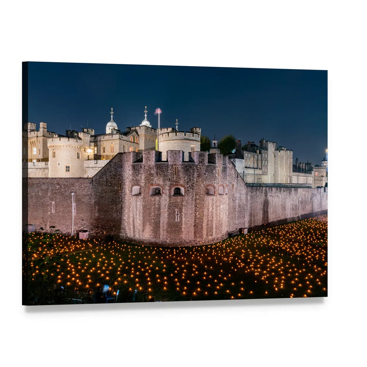 Tower of London Flames Canvas Wall Art, single panel gallery wrapped canvas, angled product view