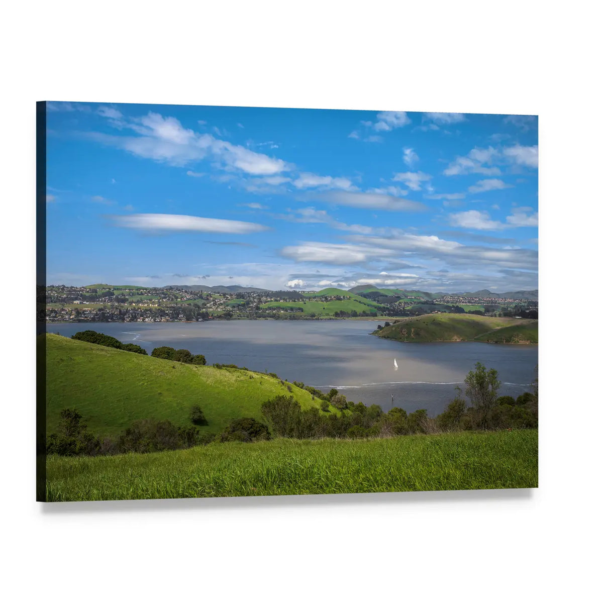 Sailboat on Tranquil Waters with Rolling Hills Canvas Wall Art, single panel gallery wrapped canvas, angled product view