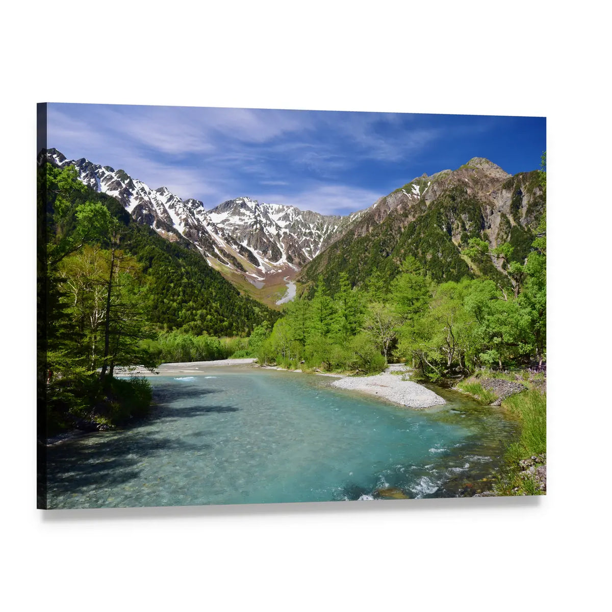 Kamikochi Highland Turquoise River and Snow Mountains Canvas Wall Art, single panel gallery wrapped canvas, angled product view