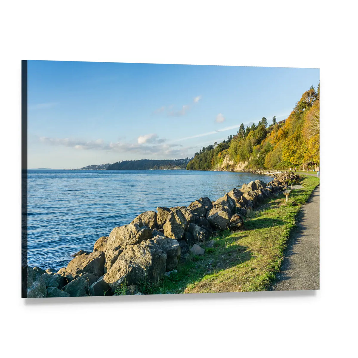 Autumn Rocky Shoreline with Pathway Canvas Wall Art, single panel gallery wrapped canvas, angled product view