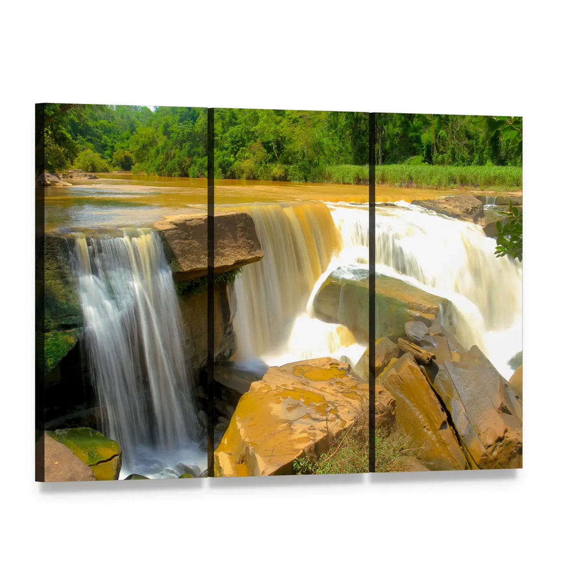 Namtok Kaeng Sopha Waterfall Canvas Wall Art, 3 panel 3 Horizontal layout gallery wrapped canvas set, angled product view
