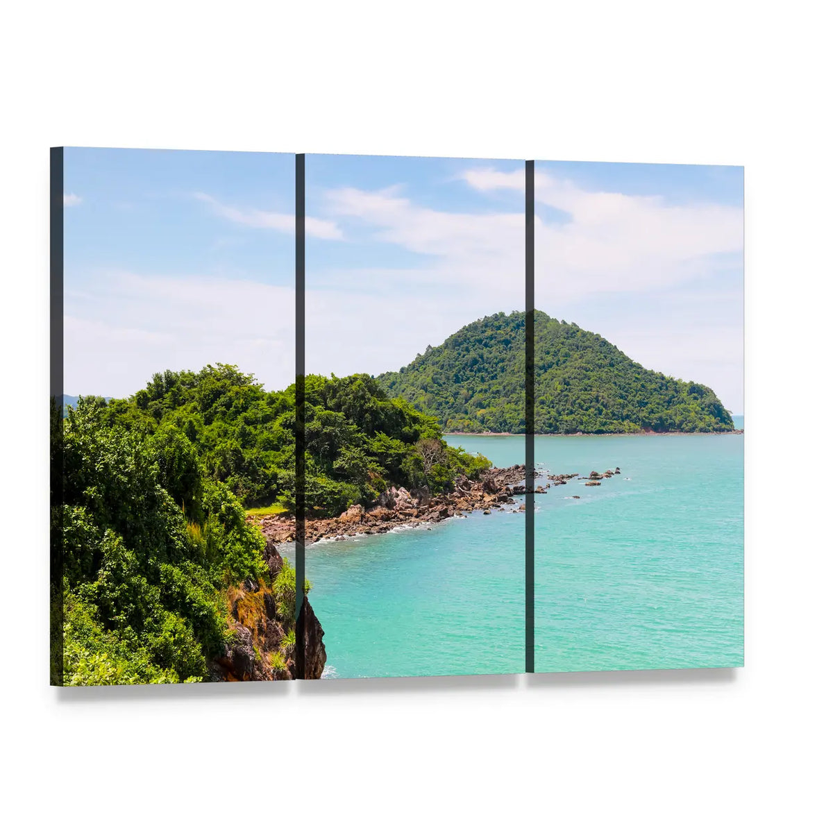 Nang Phaya Hill Tropical Shoreline Canvas Wall Art, 3 panel 3 Horizontal layout gallery wrapped canvas set, angled product view