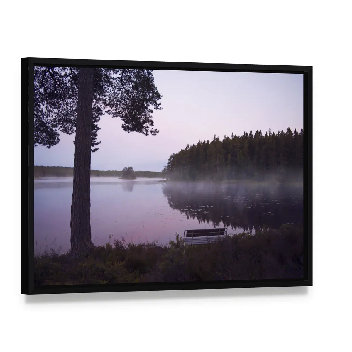 Misty Lake in Sweden Canvas Wall Art, framed canvas in a black floater frame, angled product view